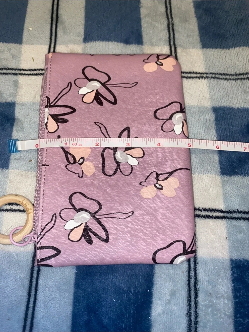 ipsy Pink Floral Wristlet Pouch with Wooden Ring